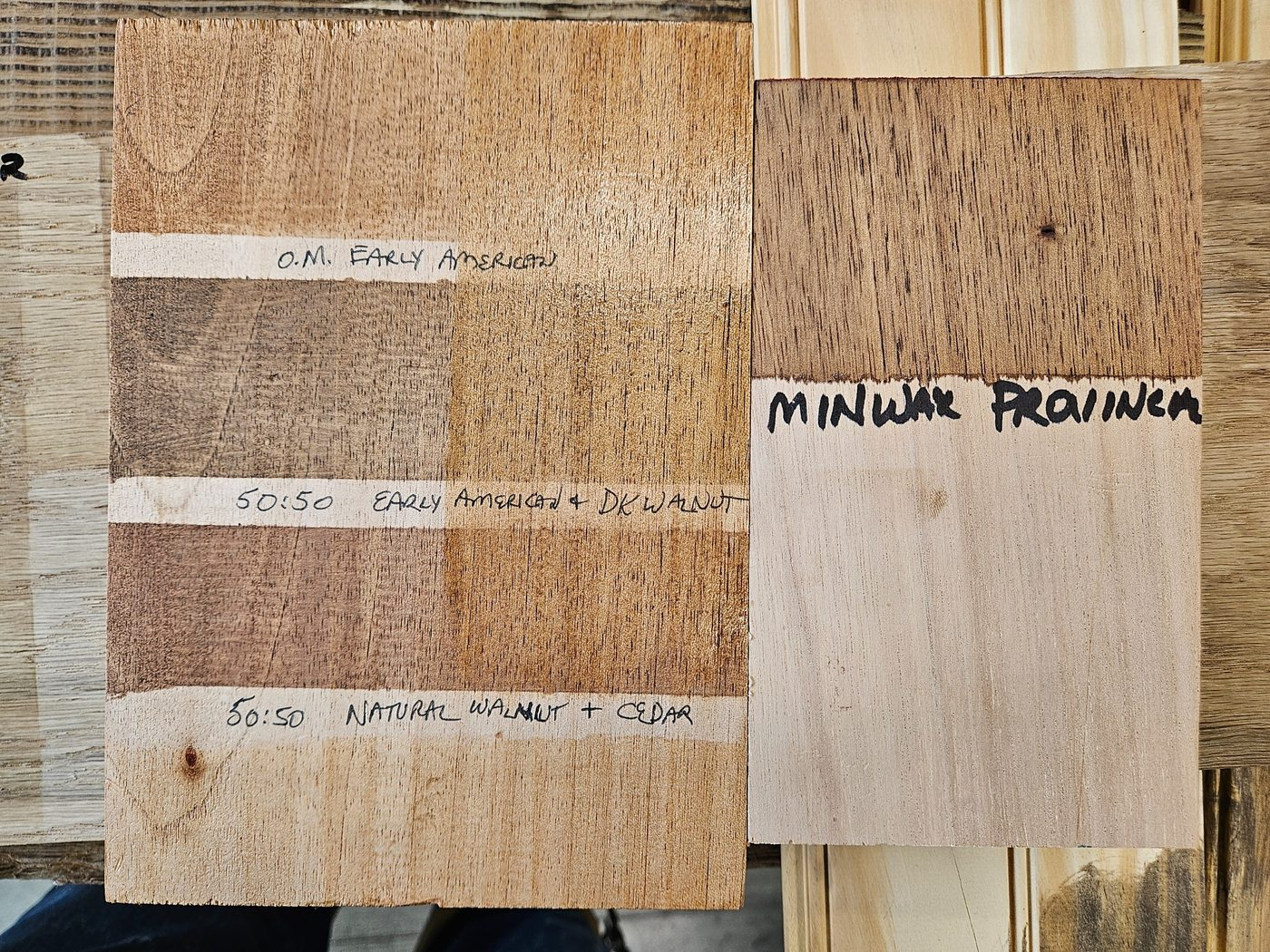 Custom wood stain color samples tested for a Baton Rouge project