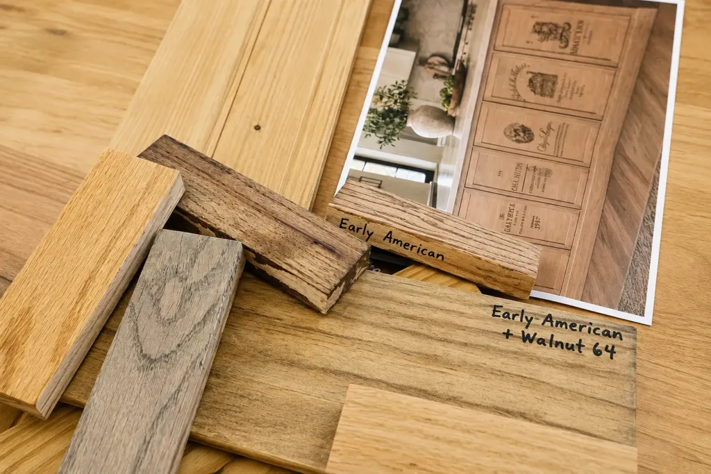 Wood stain samples labeled Early American and Walnut for a custom stain color match
