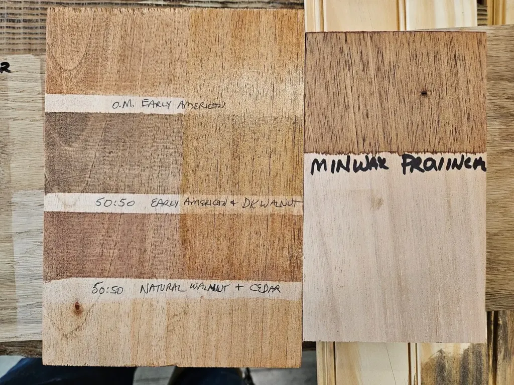 Custom wood stain color samples tested for a Baton Rouge project