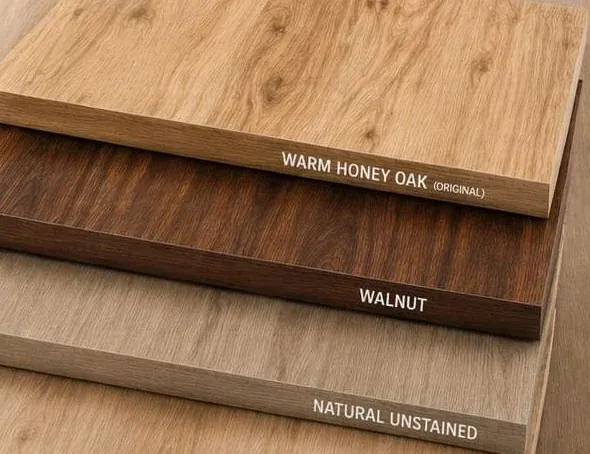 Stair tread samples in warm honey oak, walnut and natural unstained